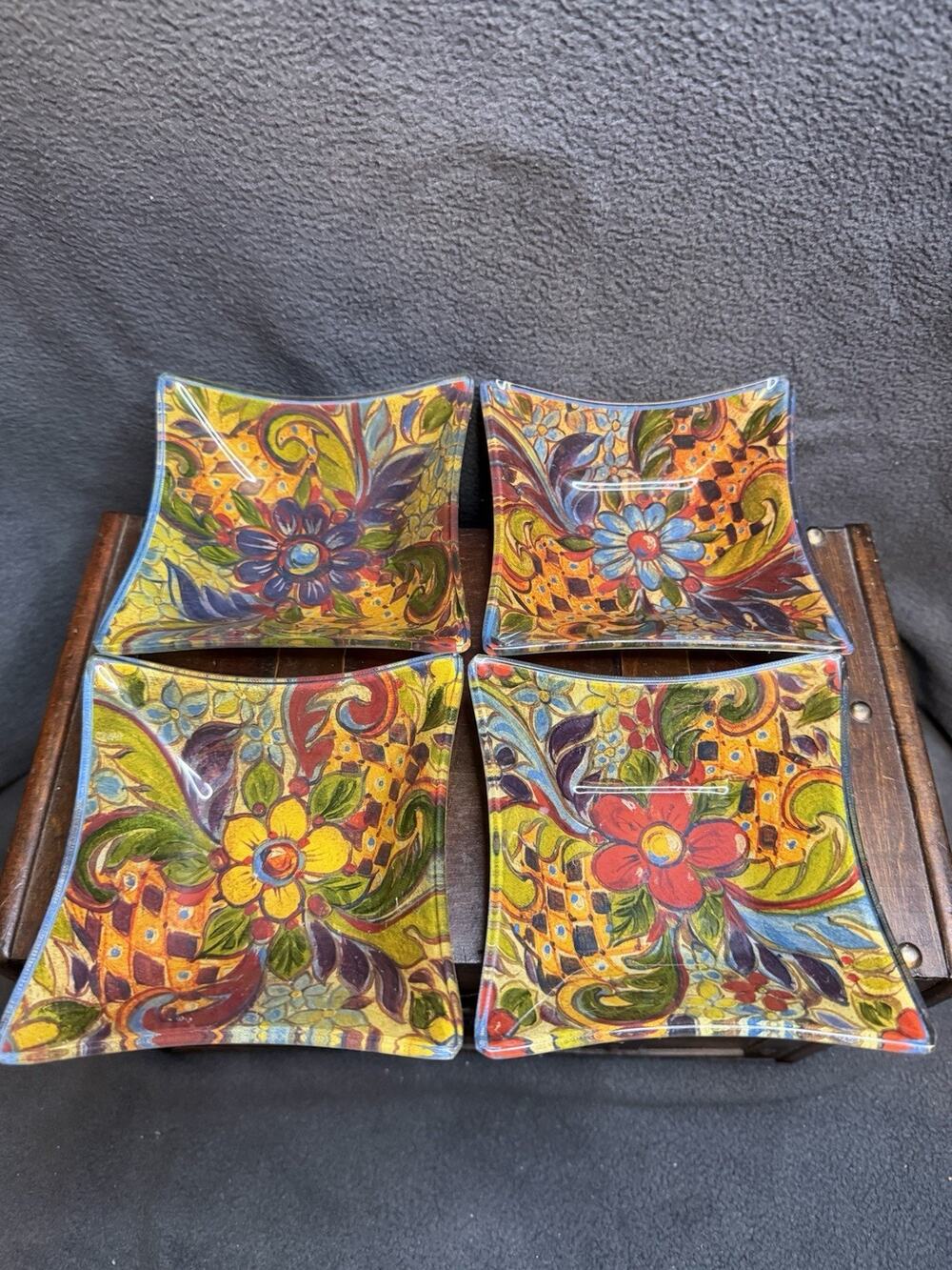 Beautiful Reverse Painted Floral Appetizer Plates For Display Or Serving